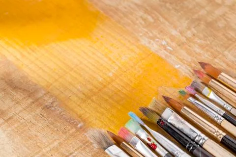 High angle of paint brushes with copy space Photo Stock Photos
