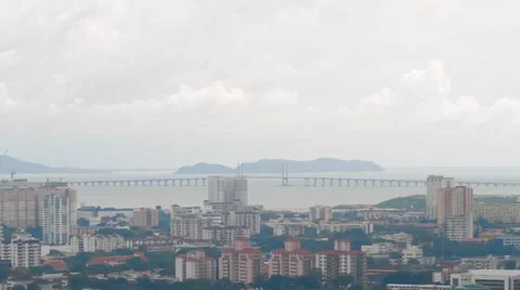 High Angle Pan Shot from Penang Bridge to Komtar Tower Stock Footage 48141489