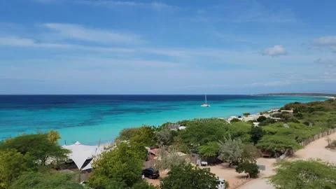 High Angle Panorama of Bahia de las Aguilas Turquoise Coastline and Cliffs Stock Footage 330911316