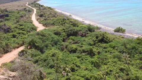 High Angle Panorama of Bahia de las Aguilas Turquoise Coastline and Cliffs 스톡 동영상 330973899