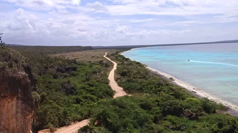 High Angle Panorama of Bahia de las Aguilas Turquoise Coastline and Cliffs Video stock 330974059