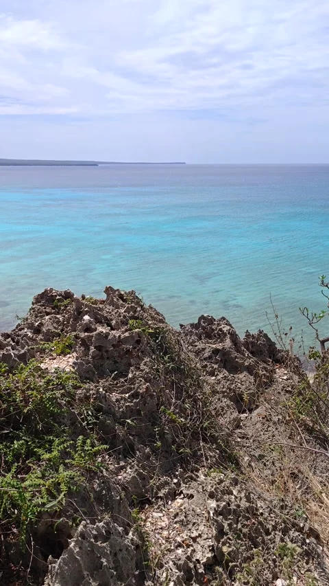 High Angle Panorama of Bahia de las Aguilas Turquoise Coastline and Cliffs Stock Footage 330974638
