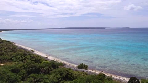 High Angle Panorama of Bahia de las Aguilas Turquoise Coastline and Cliffs Stock Footage 330976284