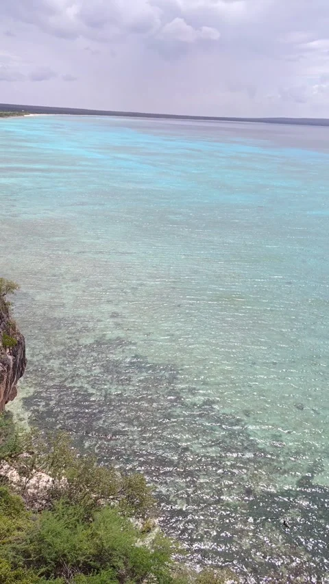 High Angle Panorama of Bahia de las Aguilas Turquoise Coastline and Cliffs Stock Footage 330976578