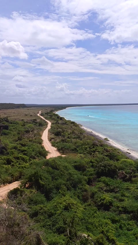 High Angle Panorama of Bahia de las Aguilas Turquoise Coastline and Cliffs Stock Footage 330976937