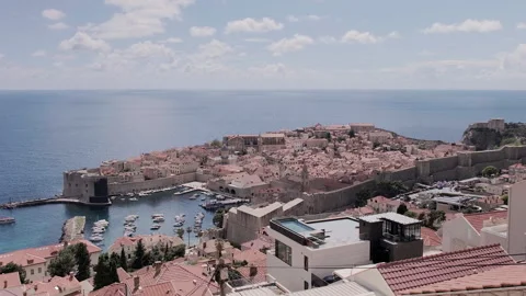High angle panorama view of Old Town and port, Dubrovnik, Croatia, 4k Video stock 274458193