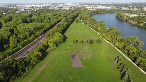 High-angle panoramic aerial drone perspective looking north over Churchill D Video stock 347537331