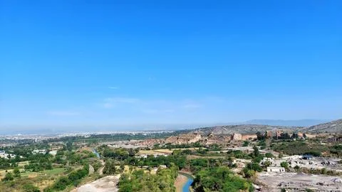 High Angle Panoramic Aerial View Overlooking Lush Green Valley Landscape Stock Photos