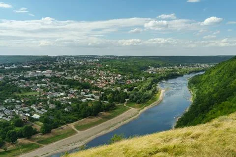 High-angle panoramic landscape overlooking the scenic town of Zalishchyky. Stock Photos