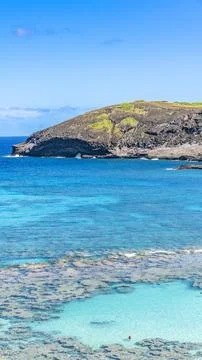 A high angle panoramic scenic landscape view of Hanauma Bay with an extensi.. Stock Photos
