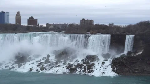 High-angle panoramic view of American Falls at Niagara Falls. Shows extensive Stock Footage 336437953