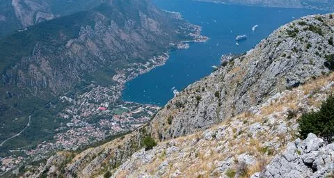 High-angle panoramic view of the Bay of Kotor from a rocky mountain slope 스톡 사진