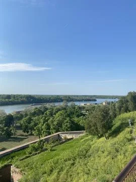 High-angle panoramic view Belgrade Fortress over Sava Danube river confluence Stock Photos