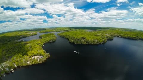 High angle panoramic view of a channel on a vast northern lake Foto stock
