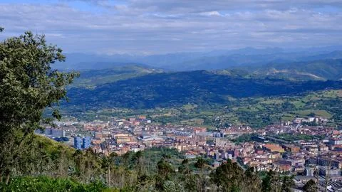 High-angle panoramic view of the city of Oviedo, Asturias, Spain, nestled in Stock Photos