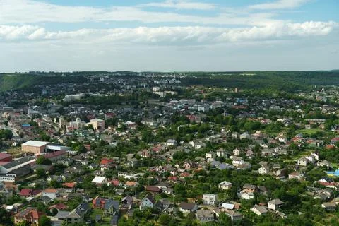 A high-angle panoramic view of the cityscape of Chortkiv in western Ukraine. Stock Photos