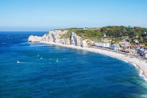 High angle panoramic view of Etretat beach, coastal town and the iconic Amont Stock Photos