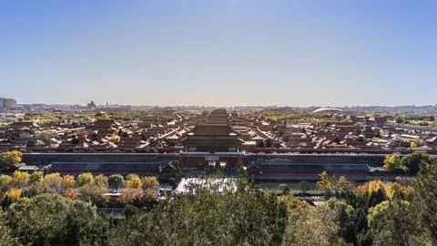 High angle panoramic view of the Forbidden City in Beijing China from the Nor Stock-Fotos