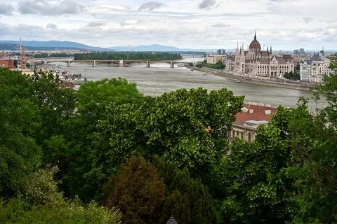 High-angle panoramic view of the Hungarian Parliament Building and the Danube Stock Photos