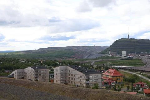 High-angle panoramic view of Kiruna cityscape showing modern residential apar Stock Photos