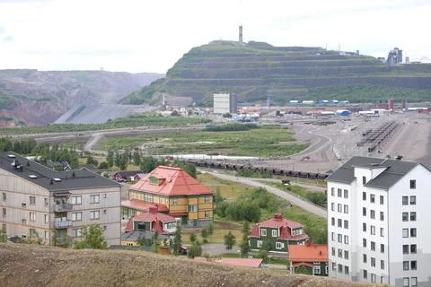 High-angle panoramic view of Kiruna cityscape showing modern residential apar Stock Photos