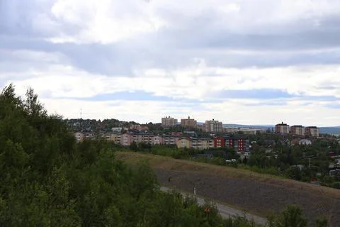 High-angle panoramic view of Kiruna cityscape showing modern residential apar Stock Photos