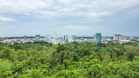 High angle panoramic view of Miri, a town in Sarawak, East Malaysia Stock Photos