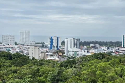 High angle panoramic view of Miri, a town in Sarawak, East Malaysia Stock Photos
