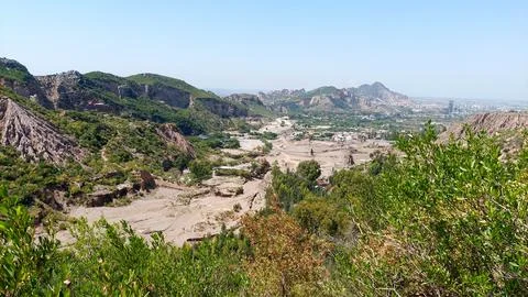 High Angle Panoramic View of a Mountain Valley and Quarry Stock-Fotos