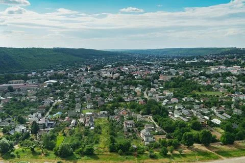 High-angle panoramic view overlooking the picturesque town of Zalishchyky. Stock Photos