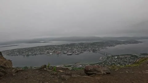 High angle panoramic view of Tromso city island and bridge from Storsteinen view 動画素材 341697311