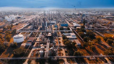 High angle perspective of petroleum refinery distillation units. Industrial.. Stock Photos