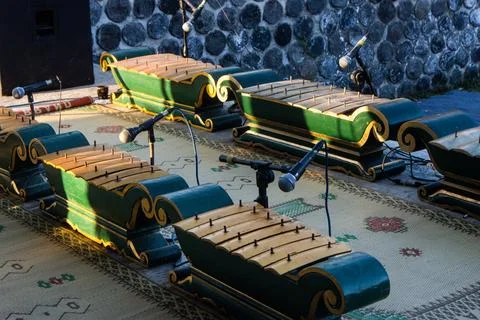 High Angle Perspective Shot of Complete Gamelan Ensemble Instruments Laid O.. Stock Photos