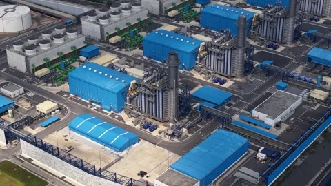 High angle perspective showing a modern combined cycle gas turbine power plant 動画素材 332738412