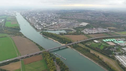 High angle perspective showing the rhine river flowing through the german Stock Footage 328086977