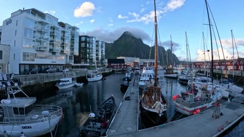 High angle perspective of Svolvaer harbour dock with boats and yachts in Lofoten Stock-Footage 343834186