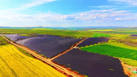 High angle photo of solar farm winding across hills, Bulgaria 스톡 동영상 339007699
