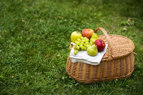 High angle picnic basket with fruit. High quality photo Stock Photos