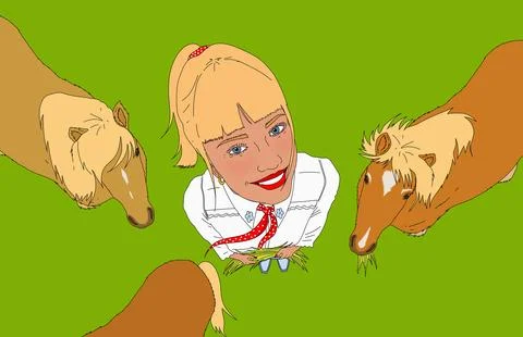 High angle portrait of happy young woman surrounded by Shetland ponies against Illustrazione stock