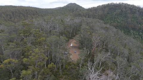 High-angle pull-back from a traveler at a forest lookout above a valley. Stock-Footage 332542635