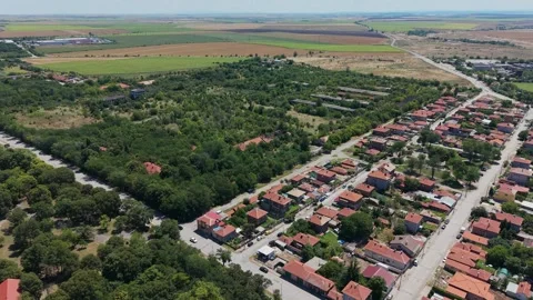 High Angle Pull Out Shot of Residential Streets in Chirpan Bulgaria Stockbeeldmateriaal 345172032