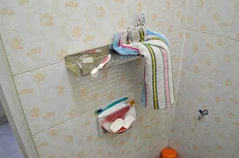 High Angle Quarter Left View of Bathroom Shelf and Dental Items Stock Photos