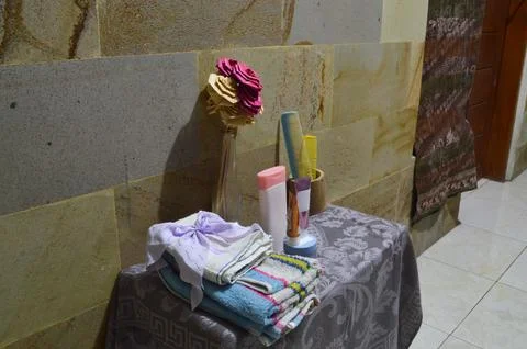 High Angle Quarter Left View of Beauty Essentials and Towels Stock Photos