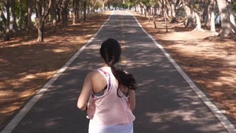 High angle, rear view of Asian woman running at the park along straight road Stock Footage 146491685