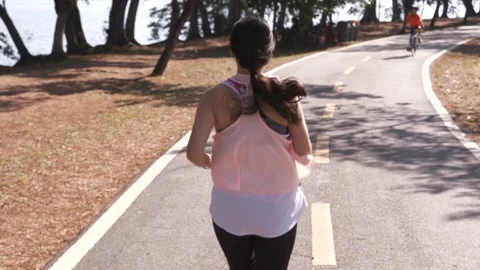 High angle, rear view of Asian woman running at the park along winding road Stock Footage 146491777