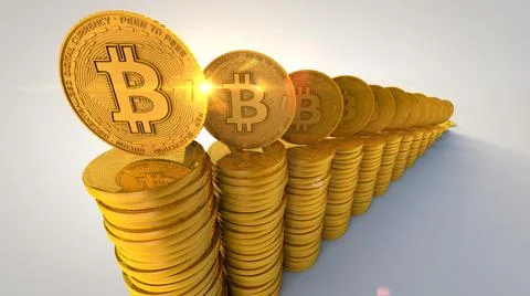 High Angle Rising Stacks of Bitcoin with Lens Flare Stock Illustration