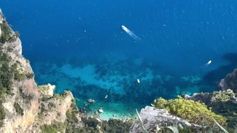 High Angle Rocky Cove Turquoise Water Limestone Cliffs Boats Capri Italy Stock Footage 337814297