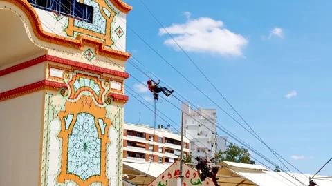 High angle rope rescue challenge at Rescue Great Day 2026 in Seville, Spain Stock Footage 339090762