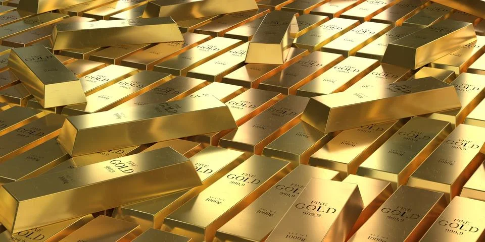 High Angle of Scattered Gold Bars - 3d illustration Stock Illustration