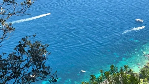 High Angle Secluded Cove Vivid Turquoise Water Boats Capri Island Italy Stock Footage 337815546